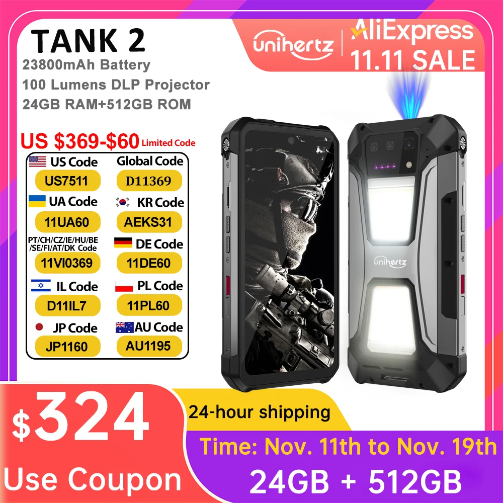 US MX Warehouse Unihertz 8849 Tank 2 PRO Rugged Smartphone with Projector, Android 14，24 + 256GB 23800mAh battery,120W charger