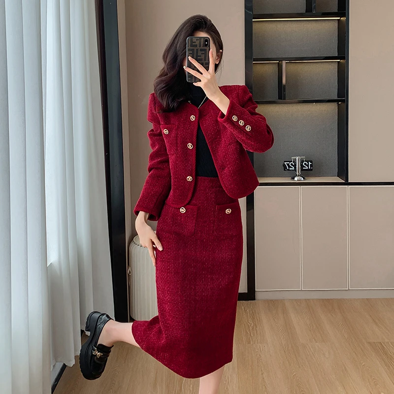 2023 New Red Suit Women\'S Fashion Casual Suit Jacket + Mid Skirt Suit Sexy Party Rich Honour Small Fragrance Tweed Two-Piece Set