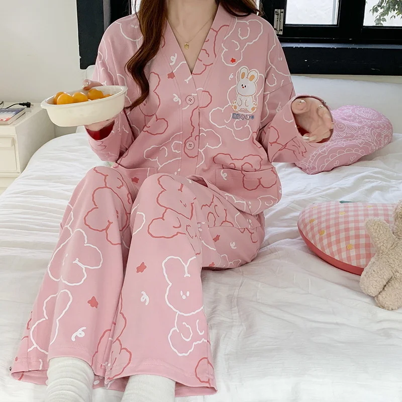 Autumn Winter Women Pajamas Sets Faux Cotton Long Sleeves Home Casual V-neck Sweet Loose Causal Lapel Sleepwear