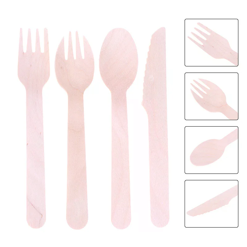 

100 Pcs Disposable Wooden Cutlery Forks/Spoons/Cutters Knife Party Supplies Kitchen Utensil Dessert Tableware Packing Set