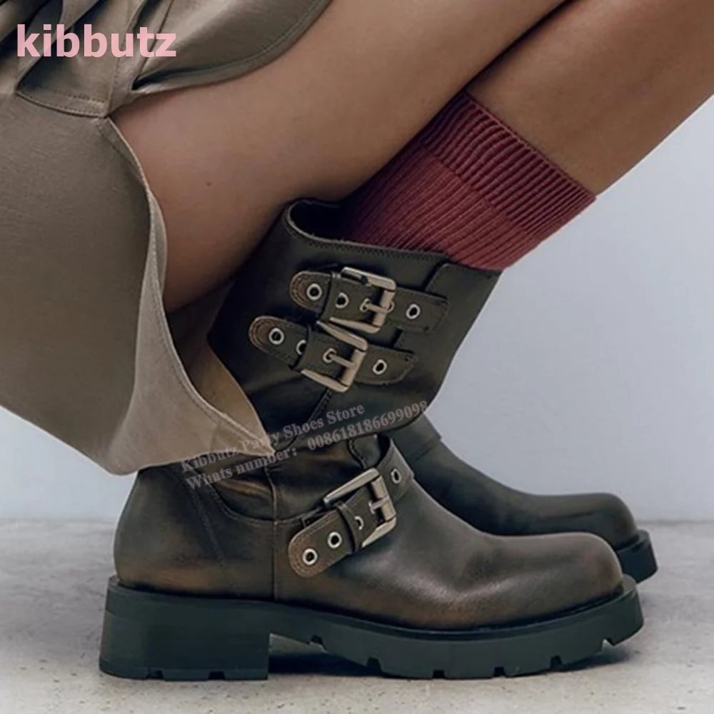 

Vintage Biker-Style Ankle Boots Genuine Leather Belt Buckles Round Toe Height Increasing Slip-On Fashion Cowboy Women Shoes New