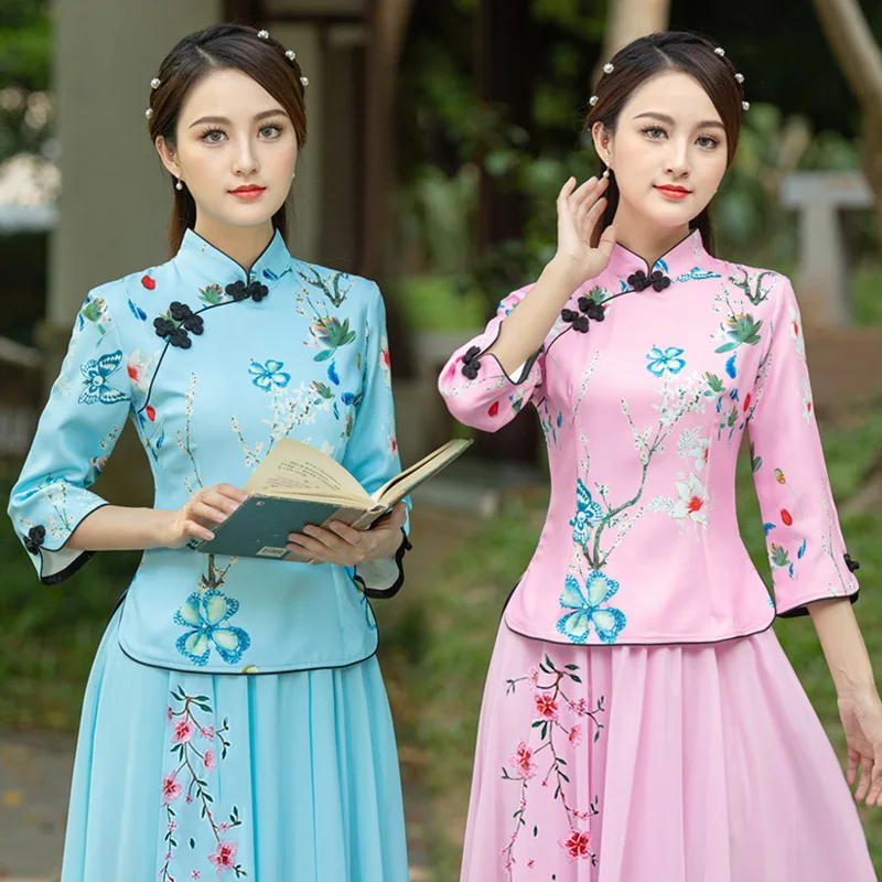 

Two-piece women's suit, improved cheongsam top,Republic of China style Tang suit, ethnic style Hanfu,square dance suit, tea suit