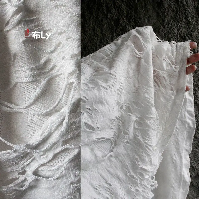 

Double-layer rotten flower cut fabric, ripped knitting composite creative fashion coat skirt designer fabric