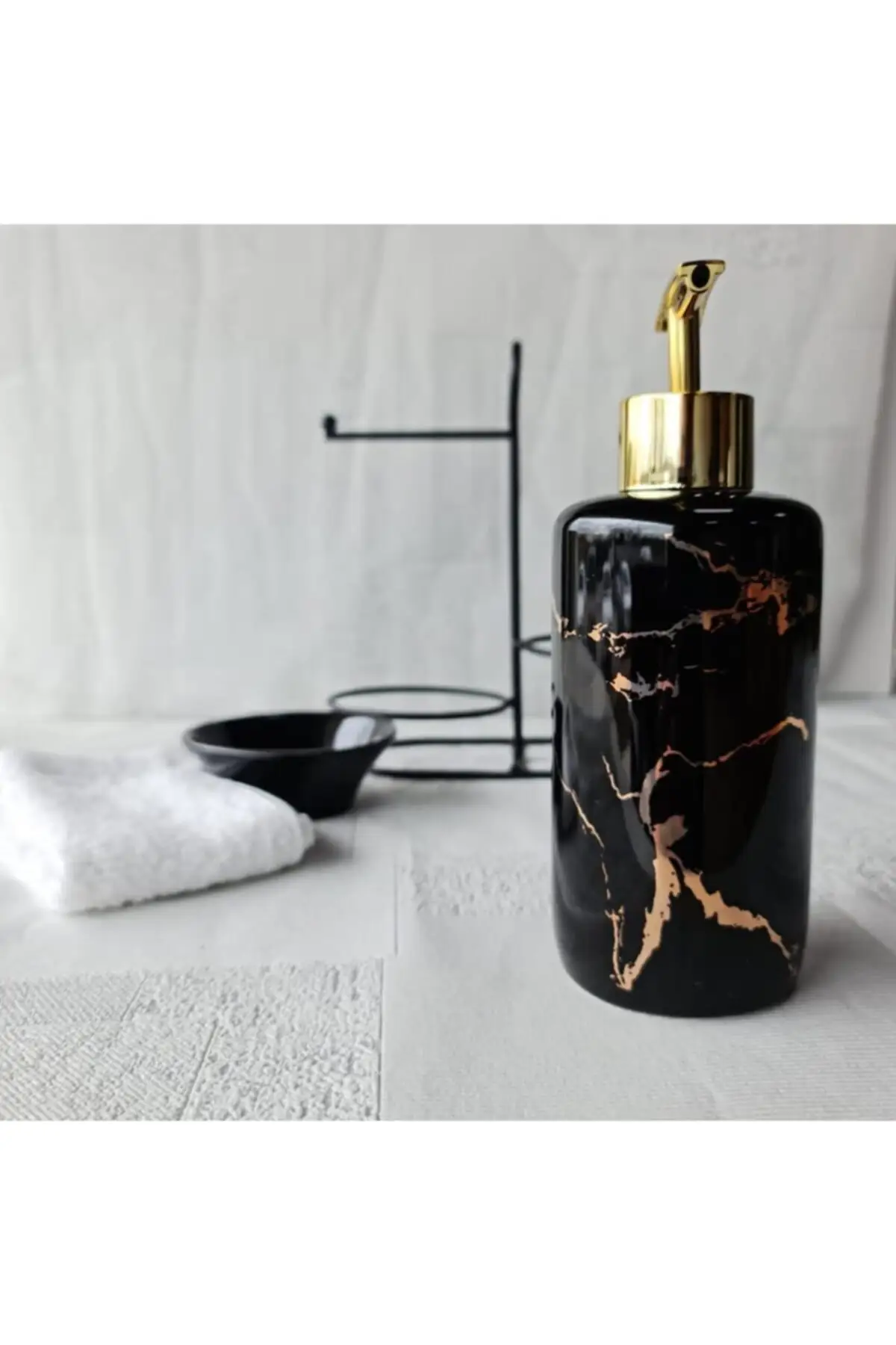 Porcelain Liquid Soap Dispenser Marble Pattern Stylish Design Metal Stand And Towel Gift Black White Color Option Home Decoratio