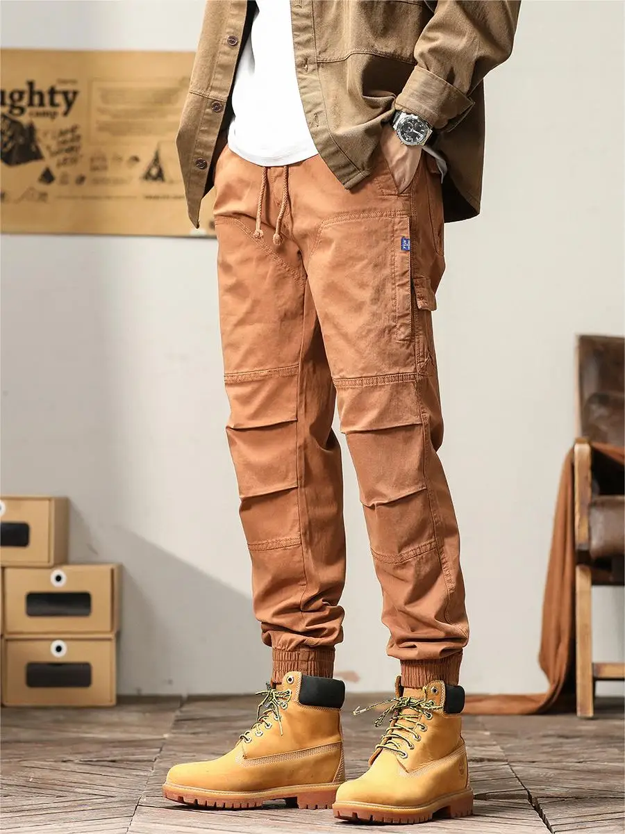 Men's Cargo Pants Spring Autumn New Multi-Pockets Banded Waist Heavy Cotton Work Wear Slim Fit Joggers Casual Trousers