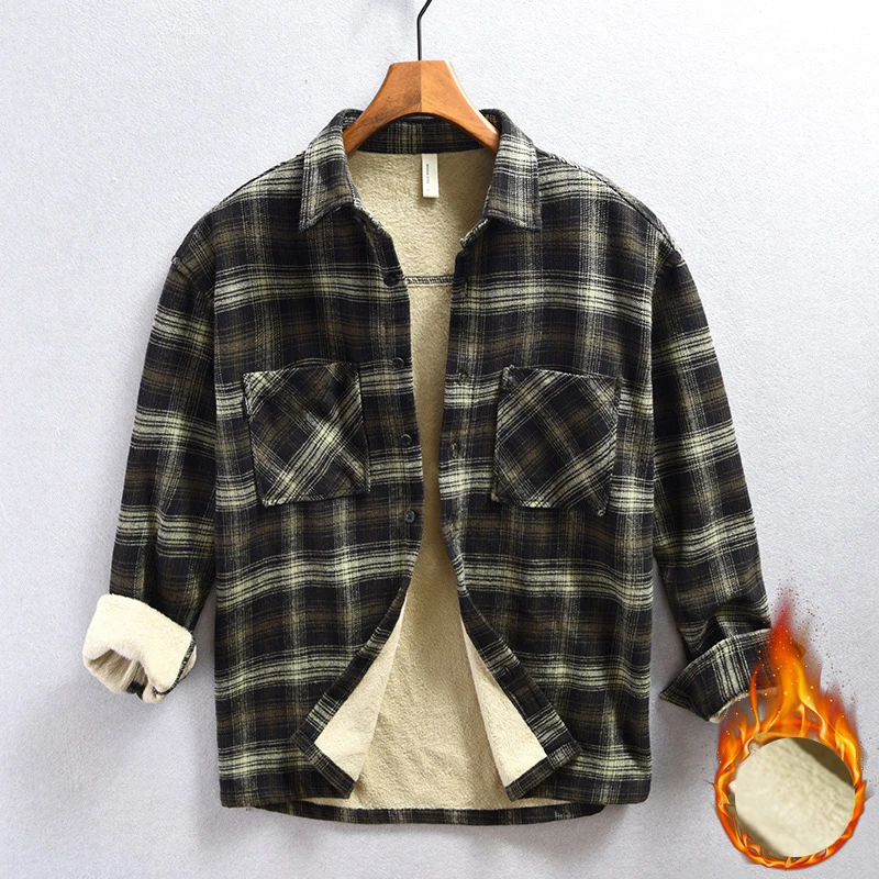 Z815 Vintage Plaid Fleece Men's Casual Shirt Autumn Winter Fashion Loose Basic Daily Long Sleeve Blouse Simple Cozy Male Tops