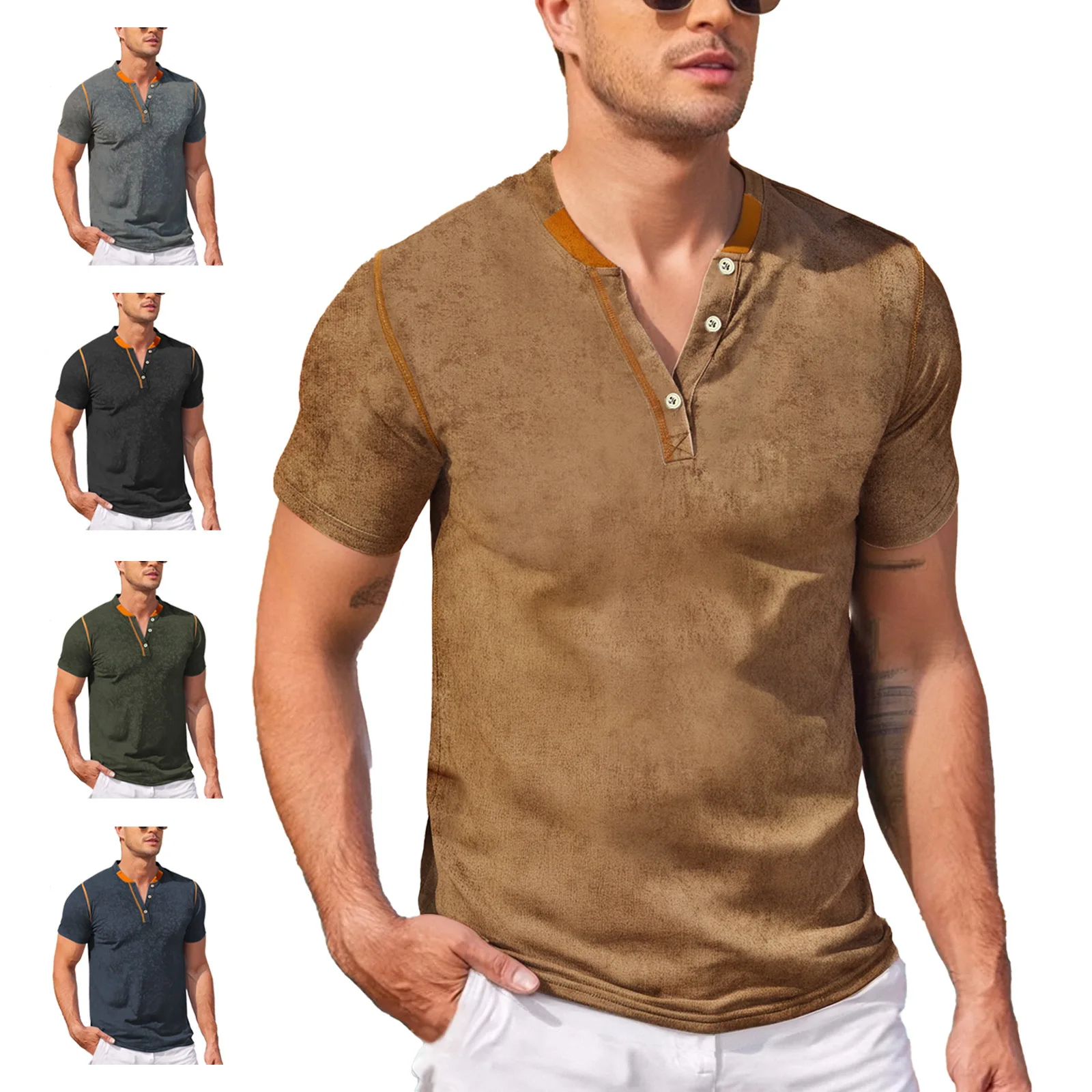 Men's Vintage Washed Henley T‑Shirt Short Sleeve Contrast Trim 3‑Button Placket Casual Summer Tops