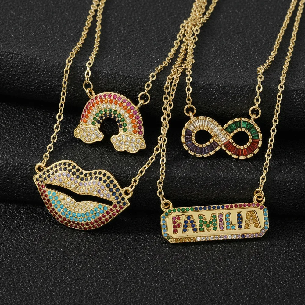 Chinese Style Lucky Blessing Zircon Inlaid Rainbow Cloud Lip 8 Pendant Gold Plated Necklace For Women Party Daily Wear Fashion