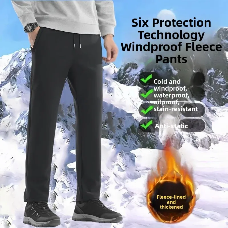 กางเกงขายาวผู้ชายสำหรับฤดูหนาวบุขนกันน้ำทรงหลวมตรงไซส์ใหญ่ผ้าฝ้ายอุ่นทนทานต่อการสึกหรอ
