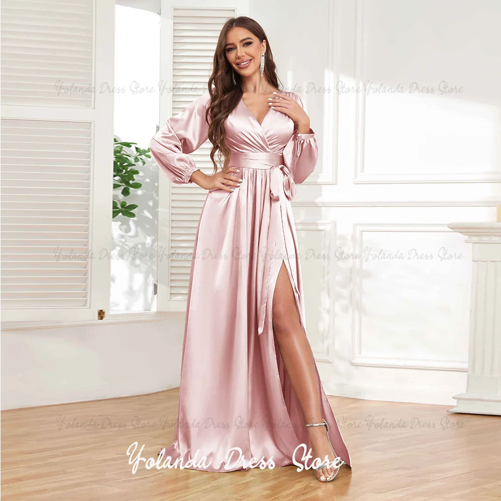 

Yolanda Customized Graceful Mother of The Bride Dresses 2026 V-neck Long Sleeves Front Slit Formal Dresses With Belt Guest Dress