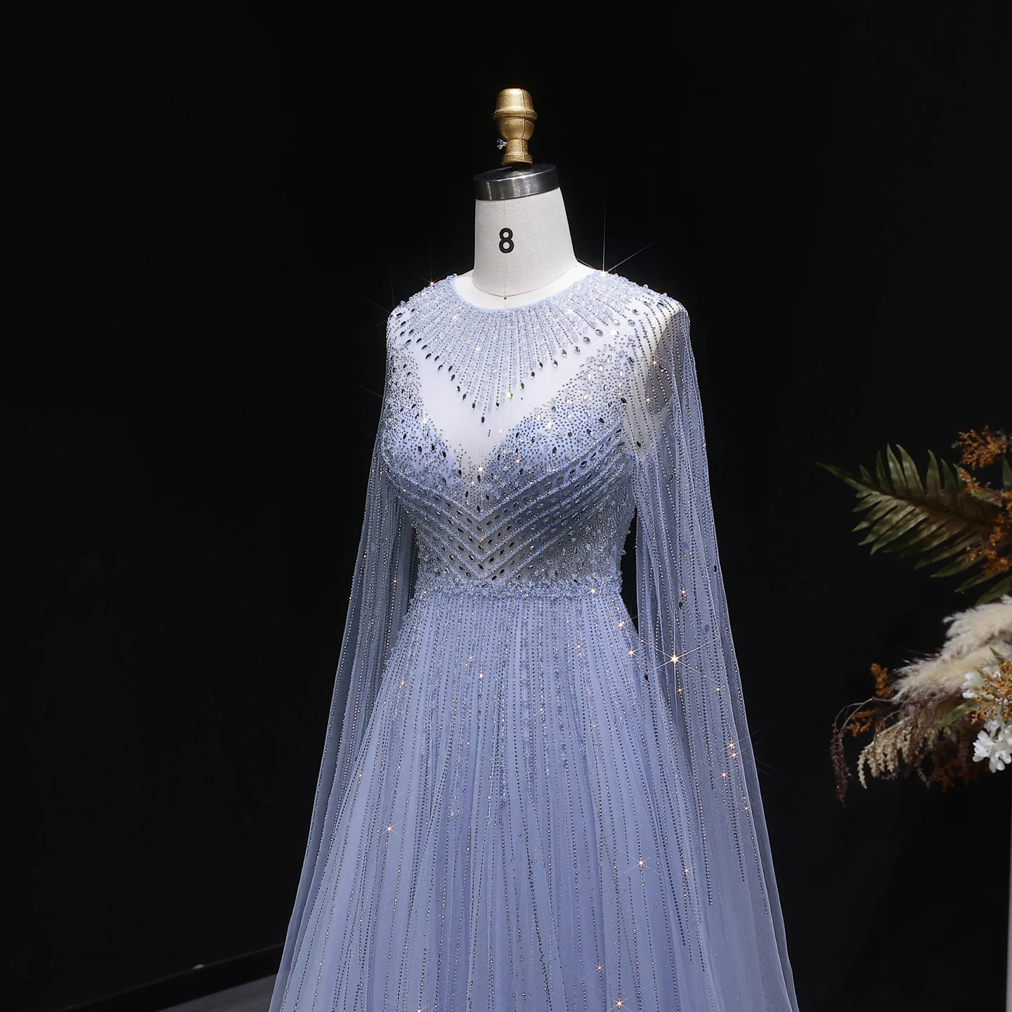 Sharon Said Luxuriöse Dubai Perlen-Kristall-Tüll-Abendkleider Elegante Cape-Ärmel Formelle Ballkleider SS054 Maßanfertigung – Detail 6