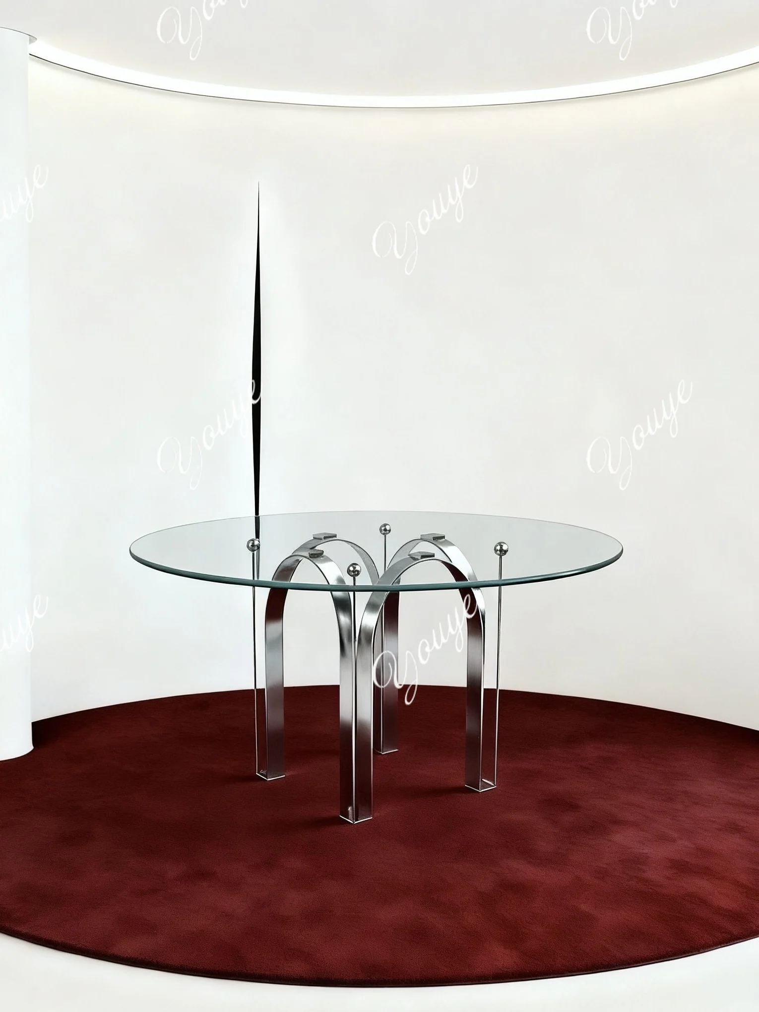

Dining table round Nordic light luxury retro desk negotiation table stainless steel lacquered glass surface