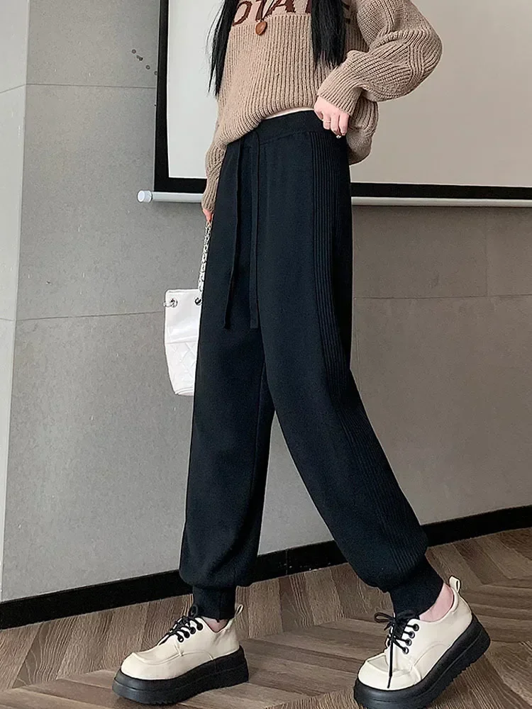 Wool Women Casual Haem Pants Loose Trousers for Women Knitted Pants Autumn Winter Solid Color Sweater Trousers with Pockets