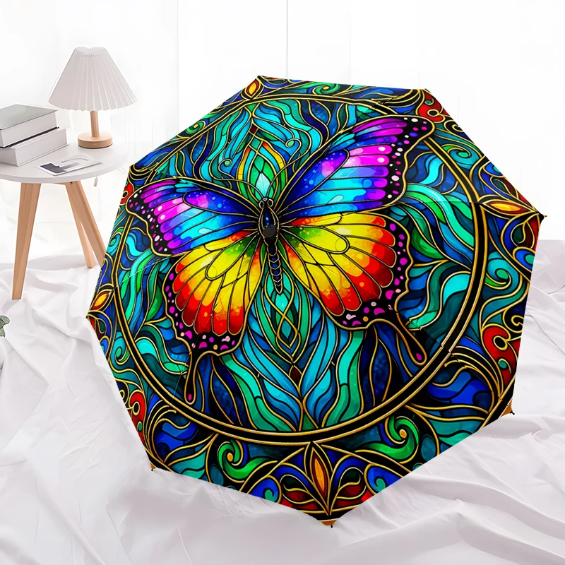 Butterfly Design Folding Umbrella - Fashionable Auto-Open Design 8 Iron Ribs Plastic Handle Foldable Sunshade，Perfect Gifts