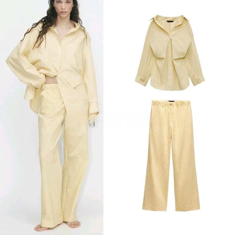 Celana Panjang Wanita Model Longgar Bahan Sutra Motif Garis-garis untuk Musim Semi, Set Pakaian Santai Kancing Depan