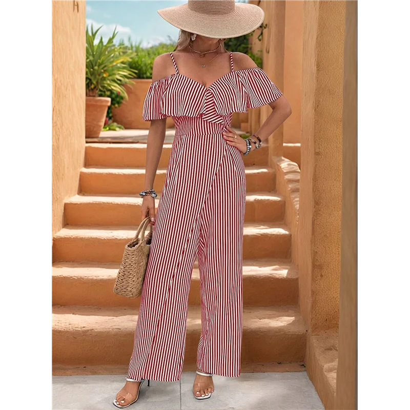 

AOAO-Women Striped Pleated Jumpsuits Dressy Summer Suspender Wide Leg Pants Rompers Overalls