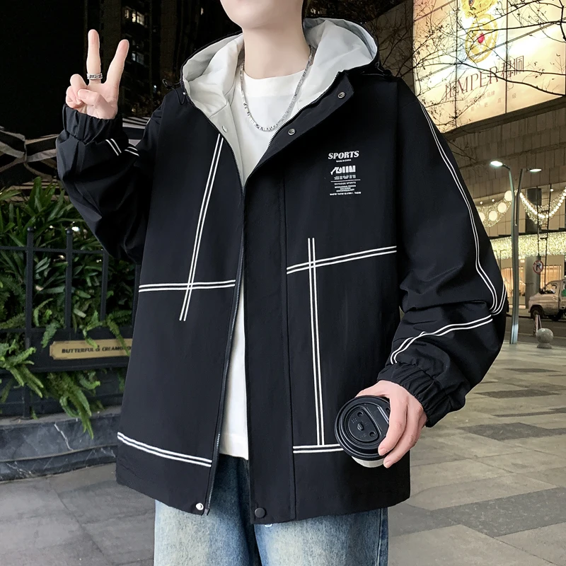 

Повседневная легкая куртка для весны и осени из полиэстера с молнией, длинными рукавами и полосатым узором, молодежная мужская куртка