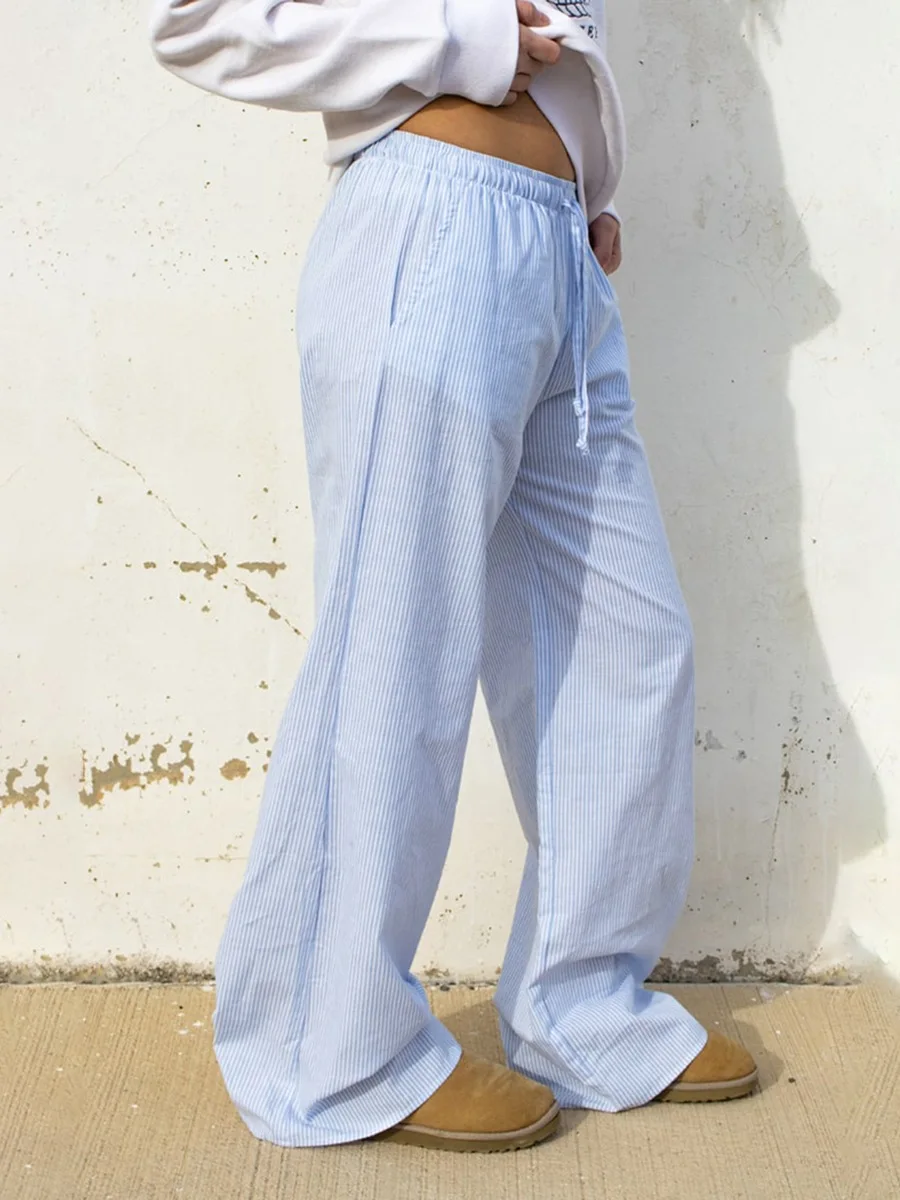 سراويل نسائية مخططة غير رسمية 2025 الصيف الرباط مرونة الخصر فضفاضة واسعة الساق بانت امرأة ارتداء اليومي بنطلون قيعان