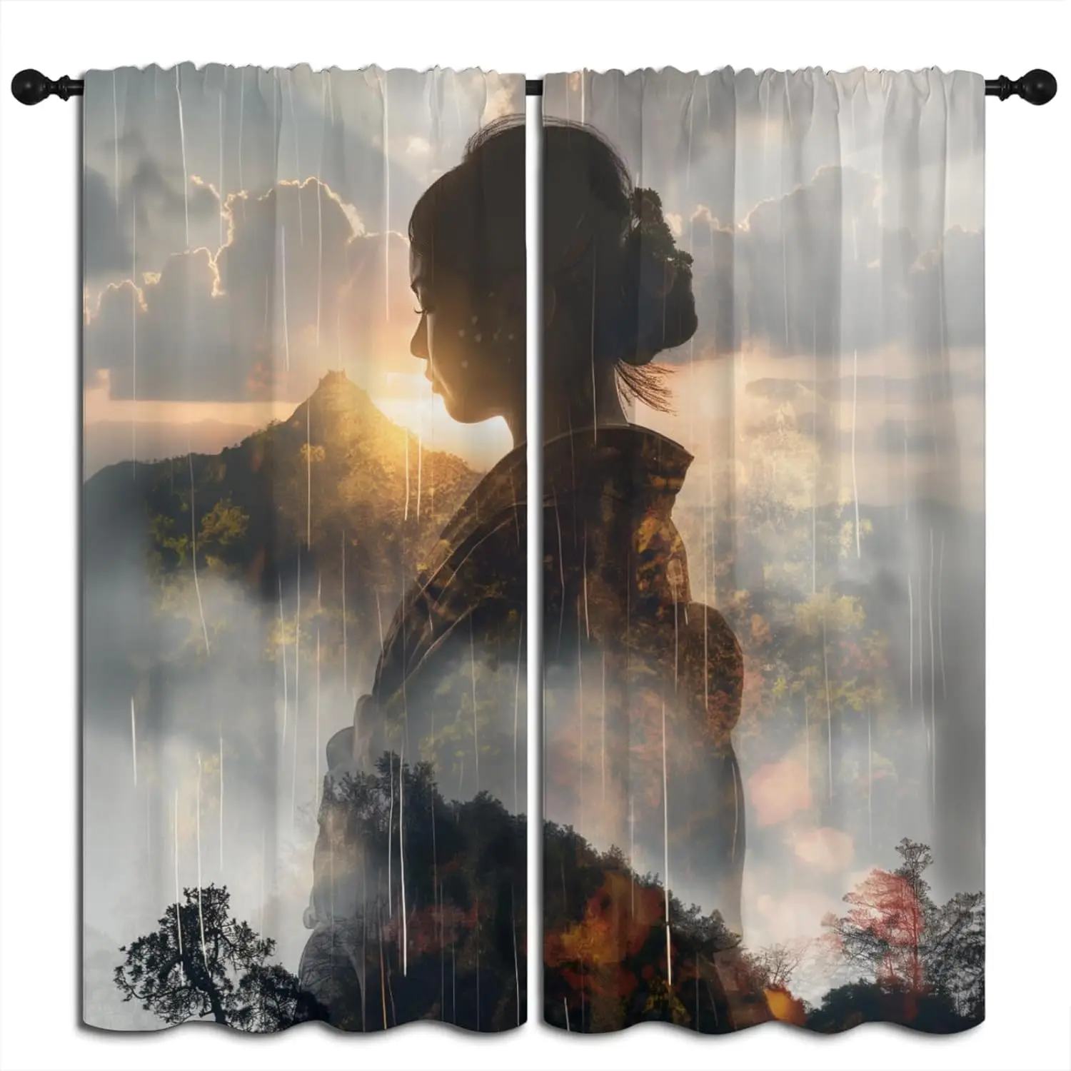 Japanese Geisha Blackout Curtains for Boys Girl Bedroom Home Decor,Sunrise Silhouette Style Landscape Painting Thermal Insulated