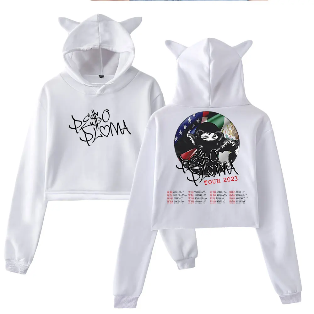 Peso Pluma Flag Tour Pullover Cat Ears Hoodie Fashion Long Sleeve Sweatshirts Female Crop Top 2023 World Tour Women's Clothes