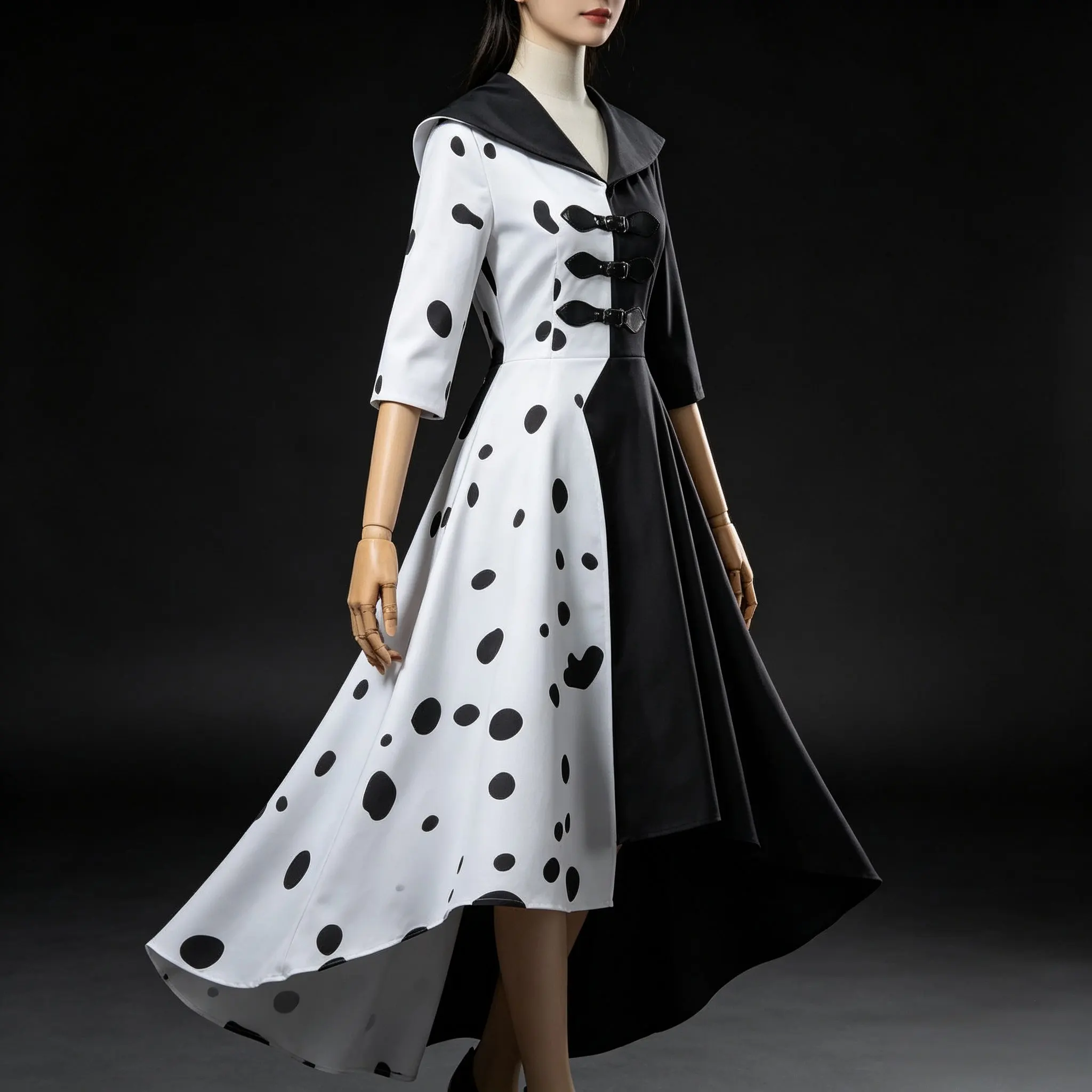 Vestido de Cruella para Mujer, Ropa de Cosplay de Cruella De Vil, Vestido de Sirvienta Blanco y Negro, Peluca, Trajes para Fiesta de Halloween, Disfraces para Niñas y Niños