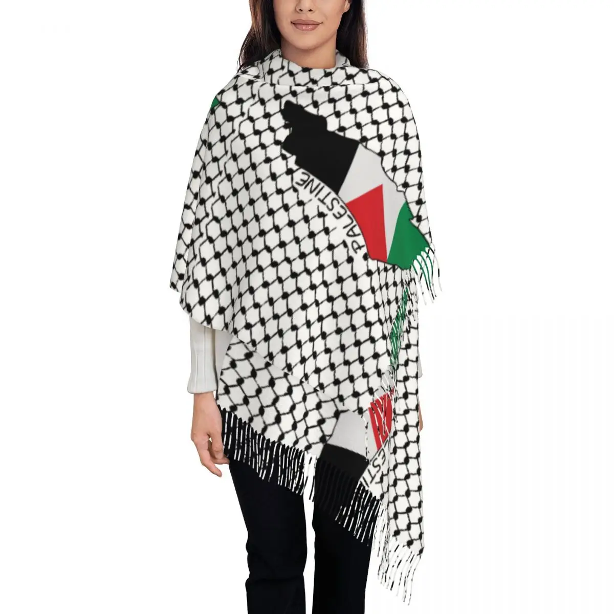 Palestine Flag Map Palestinian Kufiya Hatta Scarf Cashmere Shawl Wrap Traditional Keffiyeh Pattern Long Shawl Scarf Daily Wear