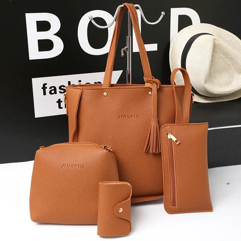 

4 pieces/set Fashion Composit Bag Tassels Decoration Large Capacity PU Leather Handbag Shoulder Bag Crossbody Bag Purse Wallet