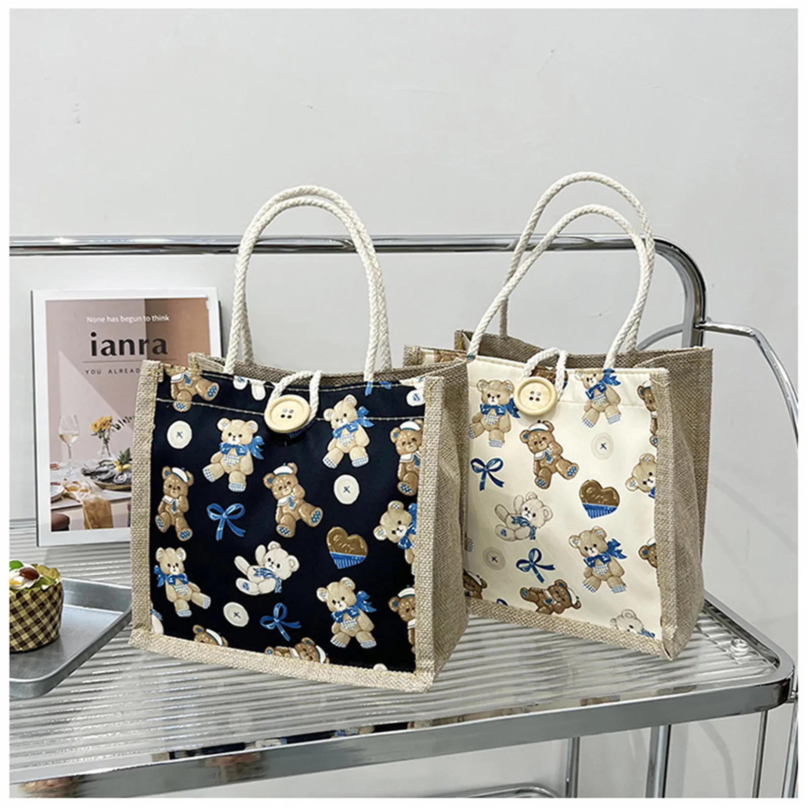 Cartoon Cute Bear Linen Bag Fashion Women Large-Capacity Fruit Print Tote Bag Casual Portable Travel Handbag Female Storage Bag