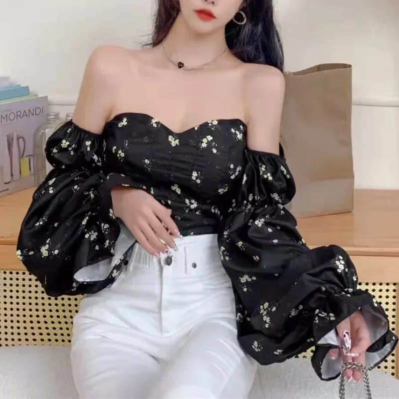 Sweet Off Shoulder Bubble Sleeve Fragmented Blouse Shirt for Women's Spring/Summer New Style Slim Fit Short Chiffon Shirt Top
