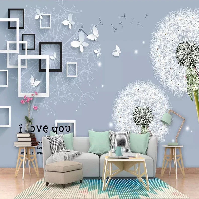 Menyesuaikan ukuran Mural Modern Dandelion kupu-kupu 3D Wallpaper ruang tamu kamar tidur latar belakang dekorasi dinding kain Dinding 3D