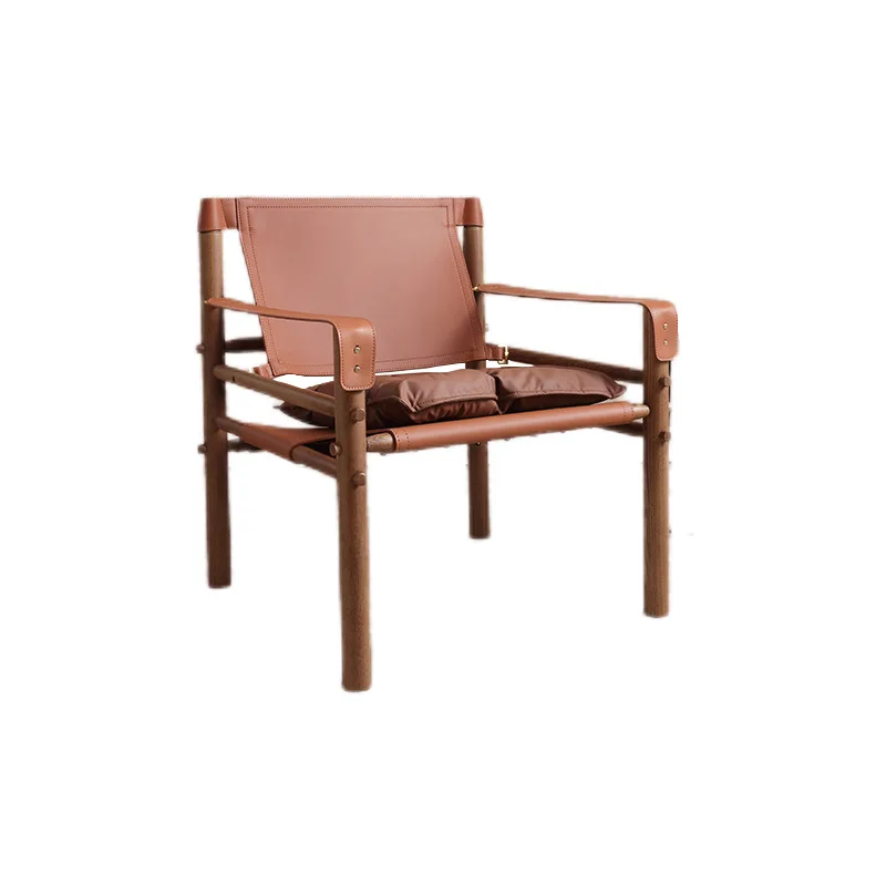 

Spanish hunting chair retro solid wood single sofa chair outdoor camping saddle leather medieval casual back chair