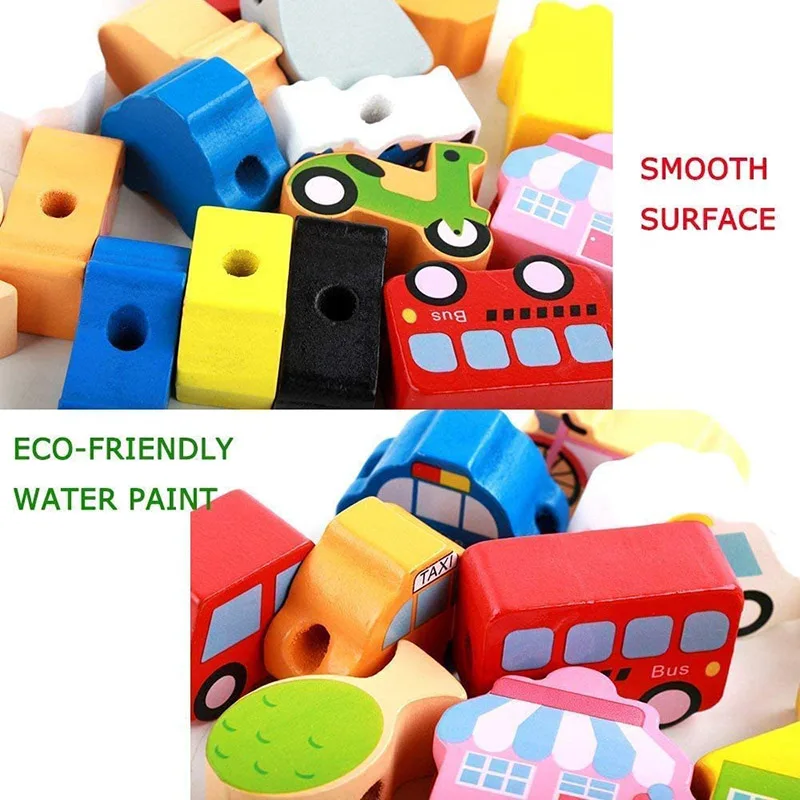 Montessori Educational Threading Toys Wooden Stringing Farm Animals Fruits Lacing Beads Preschool Toy for Toddlerd Boys Girls