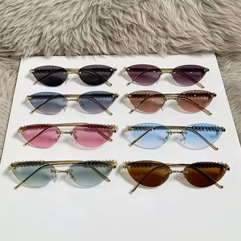 Cycling Trendy Rimless Cat Eye Metal Sunglasses Women Small Frame Luxury Brand Rivet Sun Glasses Female Elegant Unique Eyewear