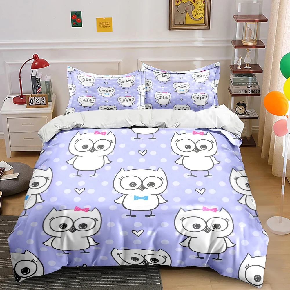 3PCS White owls on purple background Duvet Cover Set Digital Print Colorful Polyester Bedding with Zipper Closur for kids gifts