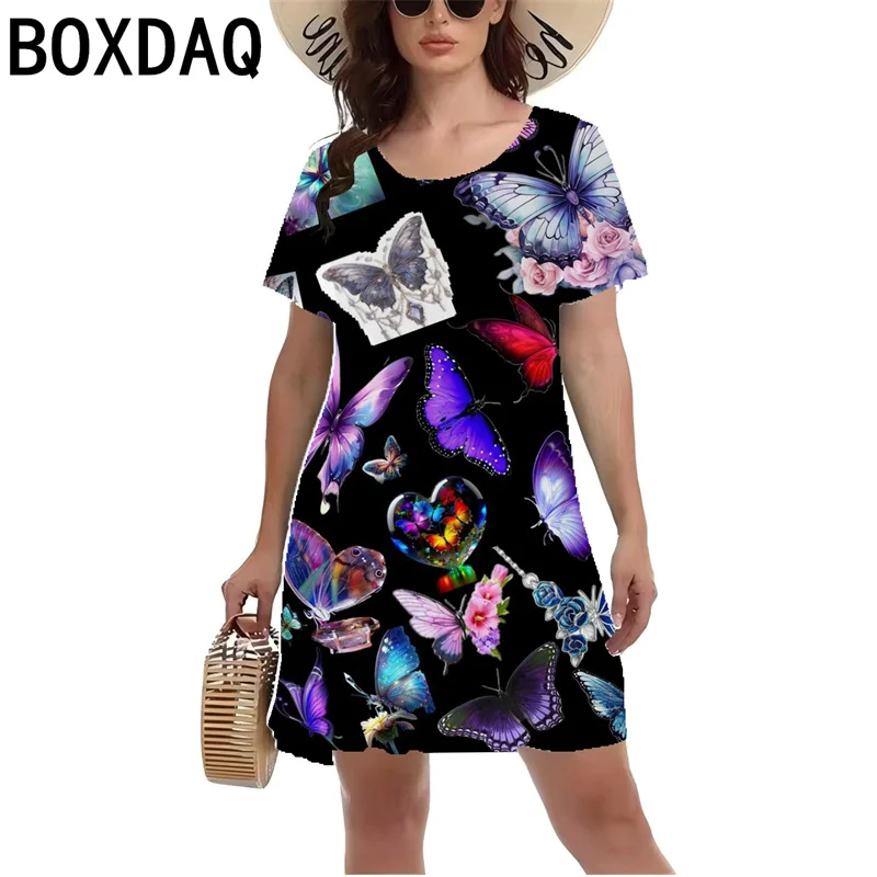 Kolorowa sukienka z nadrukiem motyla 3D Letnia sukienka z krótkim rękawem O-neck Casual A-Line Dresses Fashion Lady Beach Vacation Dress Vestidos