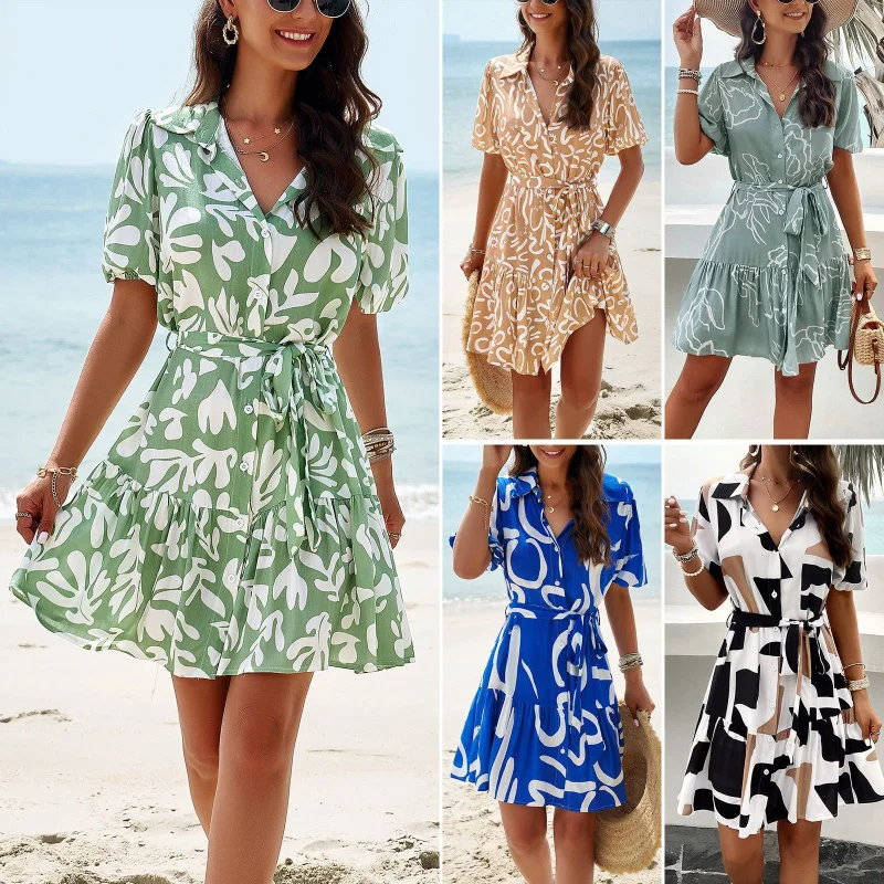 

Dress With Geometric Print Short Sleeved Skirt, Elegant Temperament