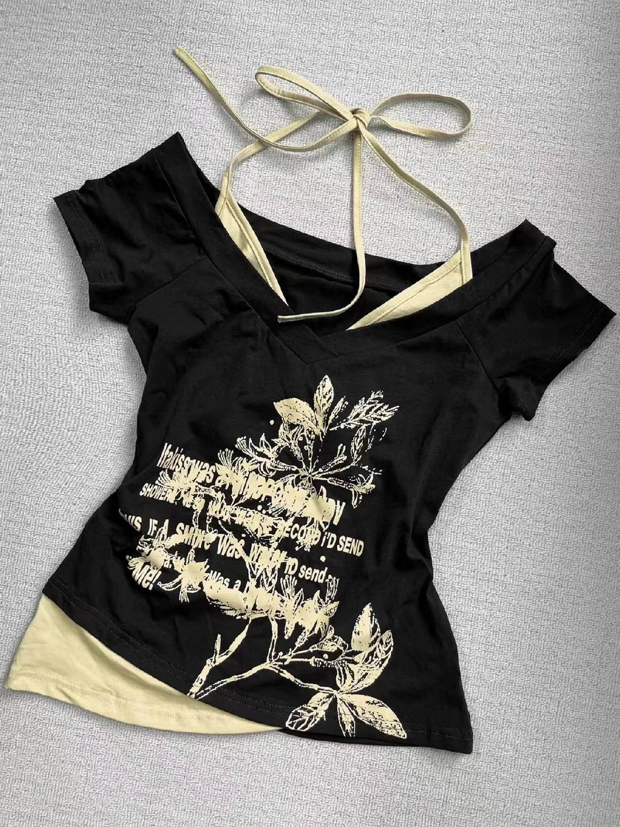 Y2k Gothic Print Tops Women Off Shoulder Short Sleeve Tee Shirt Summer American Vintage Fake Two Piece Halter Lace Up T-shirts