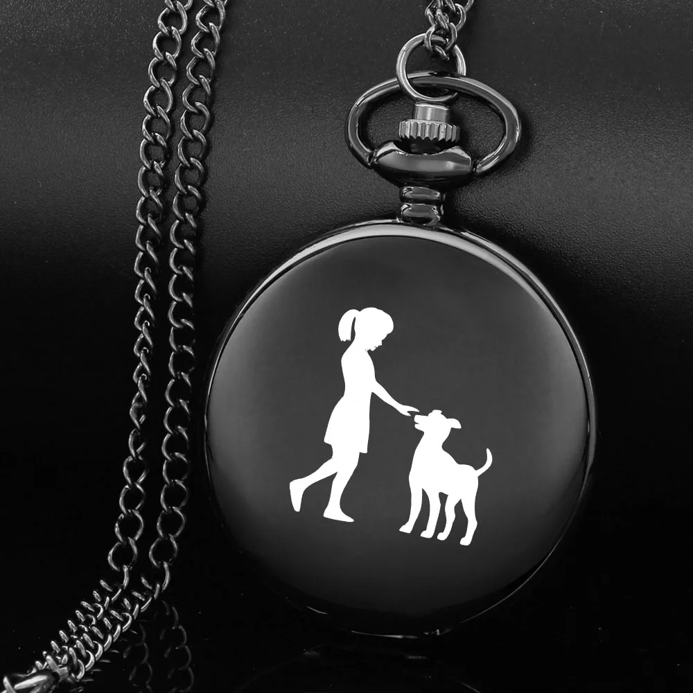 The little girl and dog warm style design carving english alphabet face pocket watch a chain Black quartz watch perfect gift