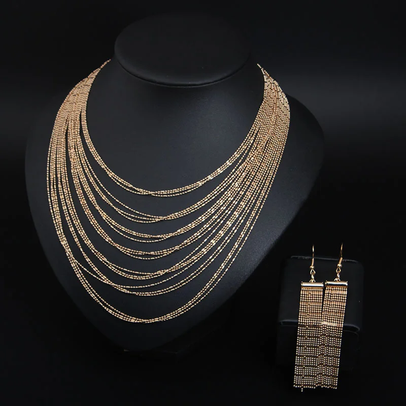 

Stainless steel multi-layer golden tassel necklace and earrings set. High-quality waterproof jewelry. Birthday gift
