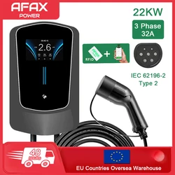 AFAX EV Charger Type2 Plug EVSE Wallbox 32A 22KW IEC62196-2 Socket 3 Phase 5m Cable Wallmount Charging Station for Electric Car