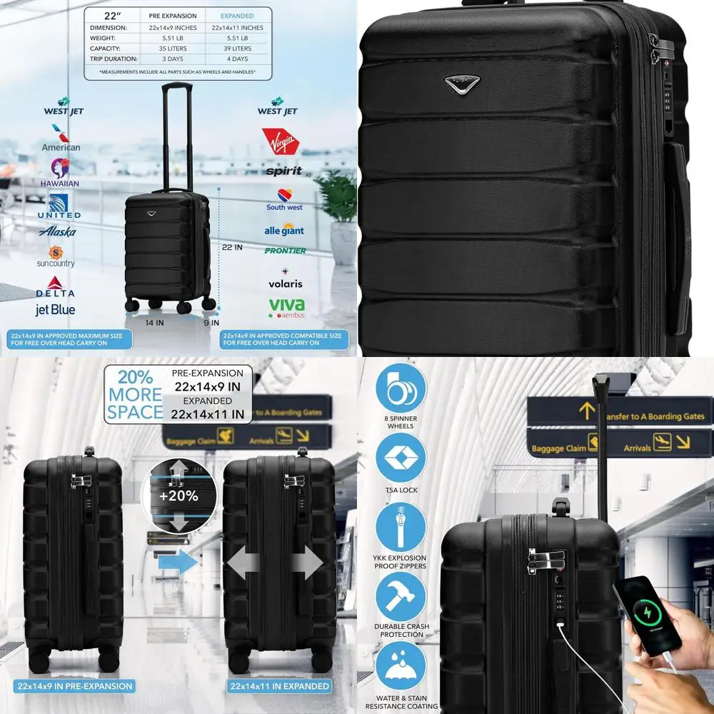 

Expandable 22x14x9 Hardside Carry-On Suitcase with TSA Lock, USB Port, Silent Spinner Wheels for American & United Airlines