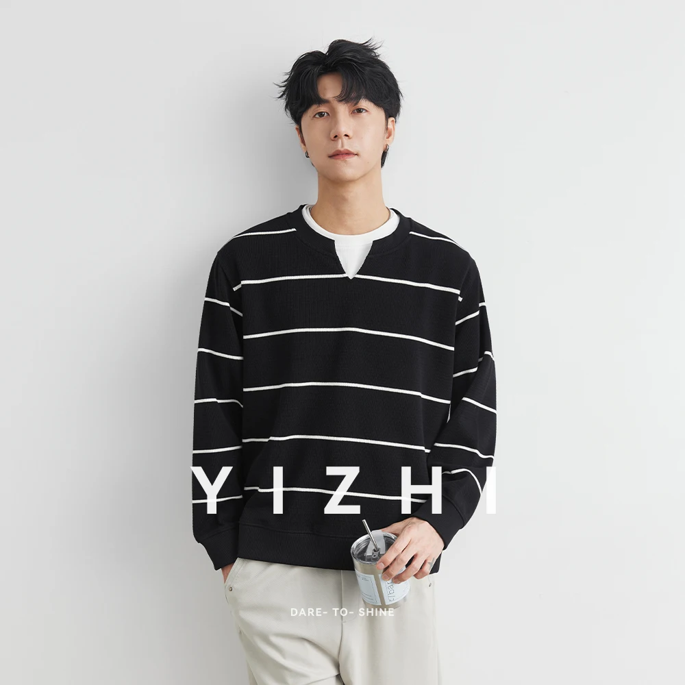 Fashion Men's V-neck Striped Long Sleeve Sweater Autumn New Fake Two-piece Knitted Jacquard Fabric Top Bottoming Shirt Pullover