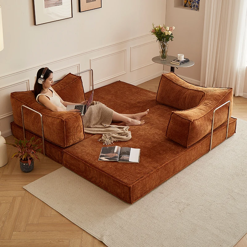 Medieval fabric sofa module small apartment living room double triple straight row retro folding dual-purpose pudding sofa bed