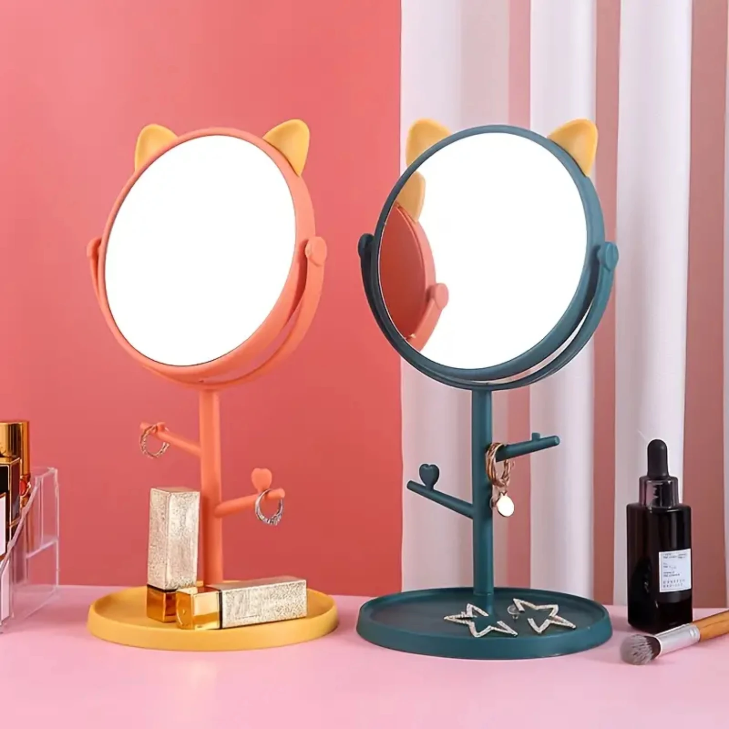 Adorable and Convenient Portable Desktop Makeup Mirror with Rotating Holder for Organizing Earrings and Lipstick - Enhance Your