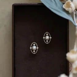 HI MAN 925 Sterling Silver French Cutout Oval Pearl Stud Earrings Women Elegant Court Vintage Jewelry Accessories