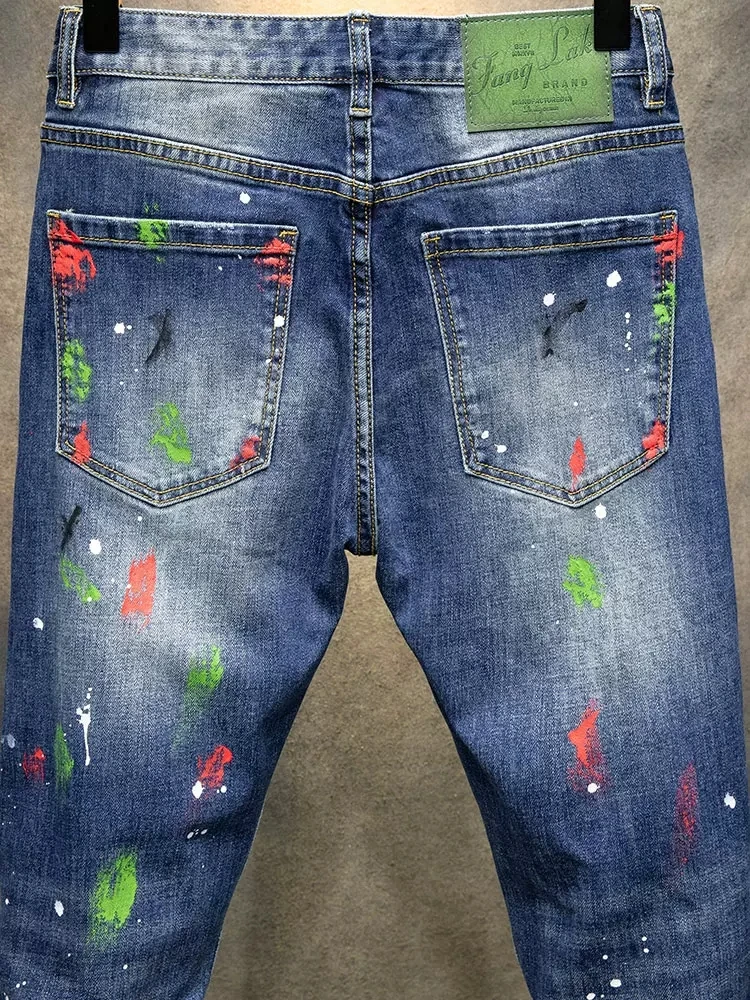 Street Fashion Men Jeans Retro Blue Elastic Stretch Slim Fit Hole Ripped Jeans Men Painted Designer Hip Hop Denim Pants Hombre
