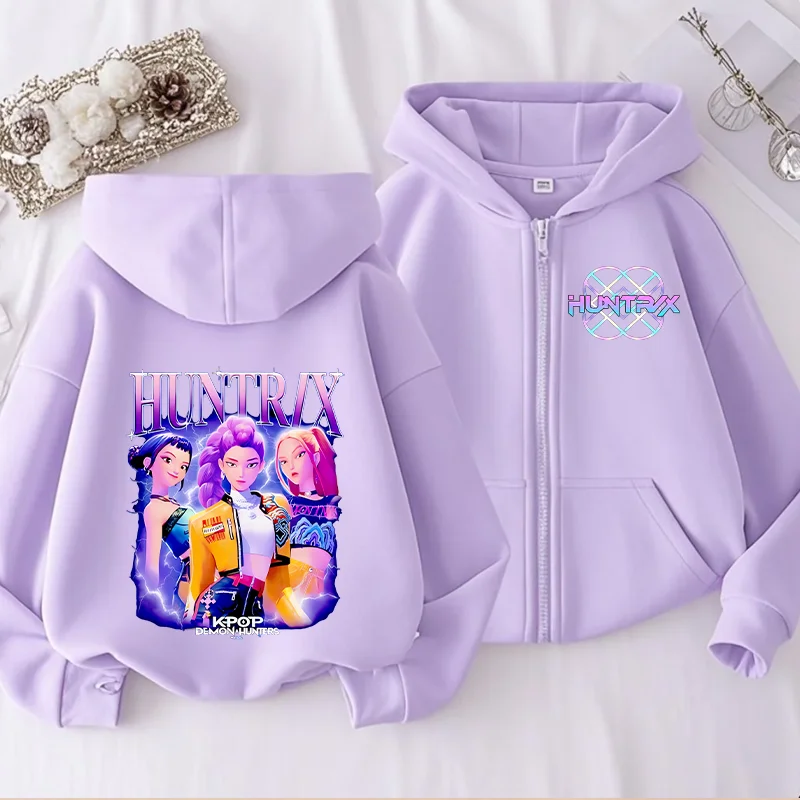 

KPop Demon Hunters Cardigan Kawaii Anime Purple Coat Girl Spring Autumn Thin Fashion Harajuku Casual Hooded Sweatshirt Kids Gift