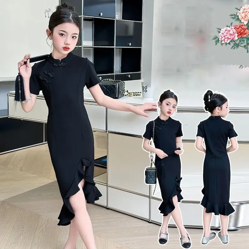 Girls' 2026 New Creative Summer Qipao Dress Children's New Chinese Style Cheongsam Skirt Kids' Short Sleeved Qipao Skirt LI973