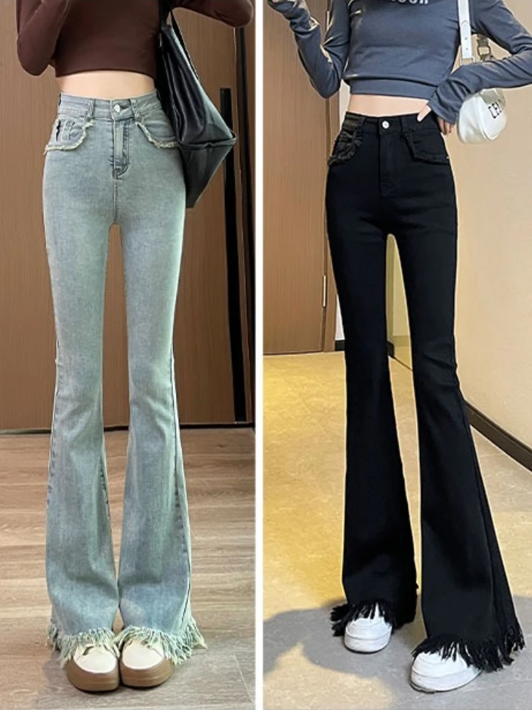 Women's autumn and winter high waist slimming denim jeans plush and thickened design tassel design versatile jeans