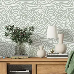 Green Scandinavian Design Wallpaper ,Boho Minimalist Abstract Line Self Adhesive Or Tradition Wall Mural For Home Decor Wall Art